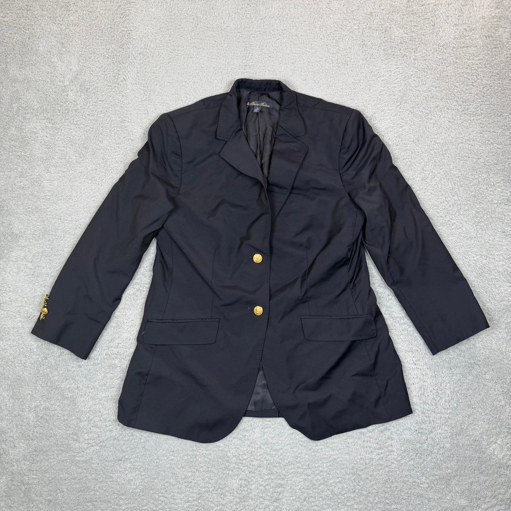 Brooks Brothers Navy Blue Wool Blazer Gold Crest Button Italian Fabric Size 14